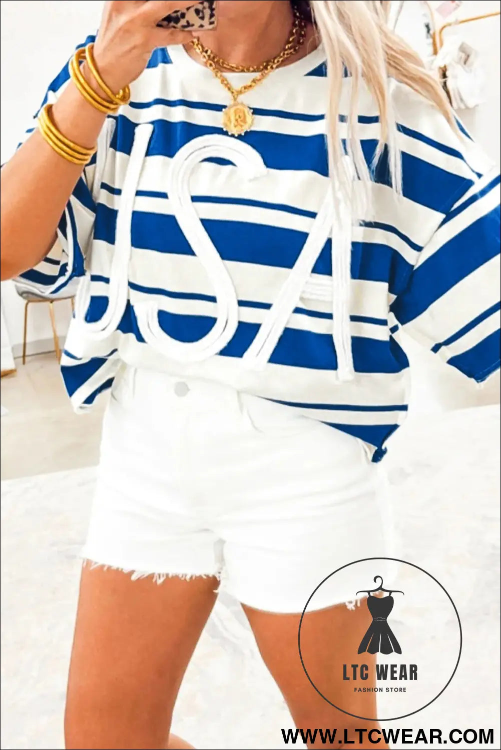 Blue stripe usa graphic drop shoulder half sleeve loose t shirt - tops & tees