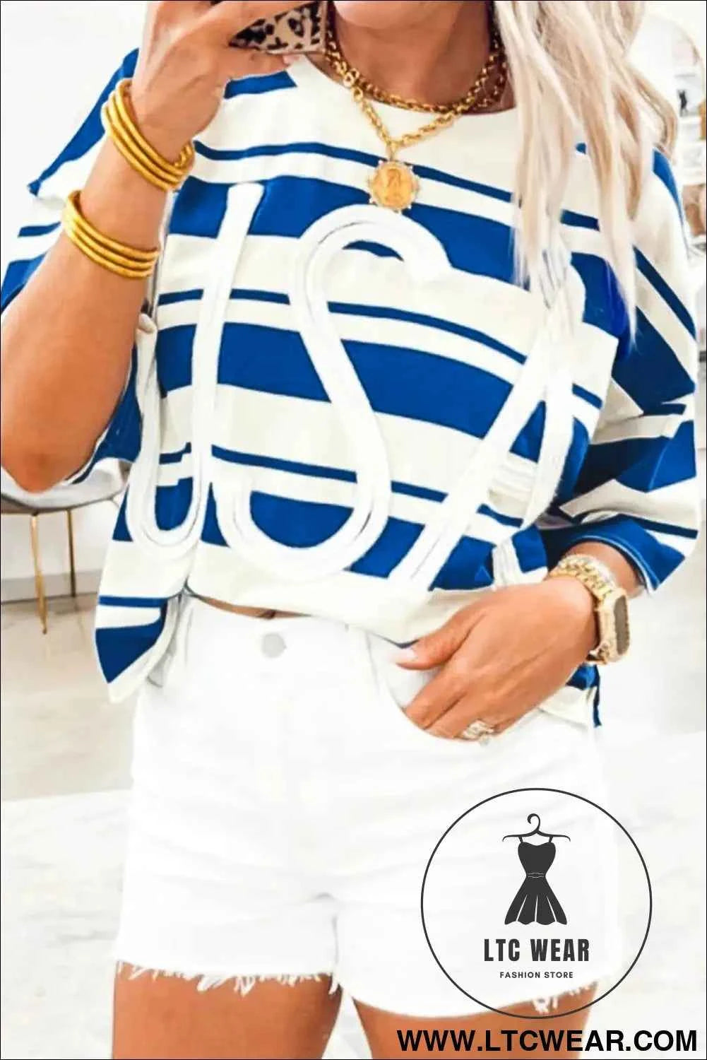 Blue Stripe USA Graphic Drop Shoulder Half Sleeve Loose T Shirt