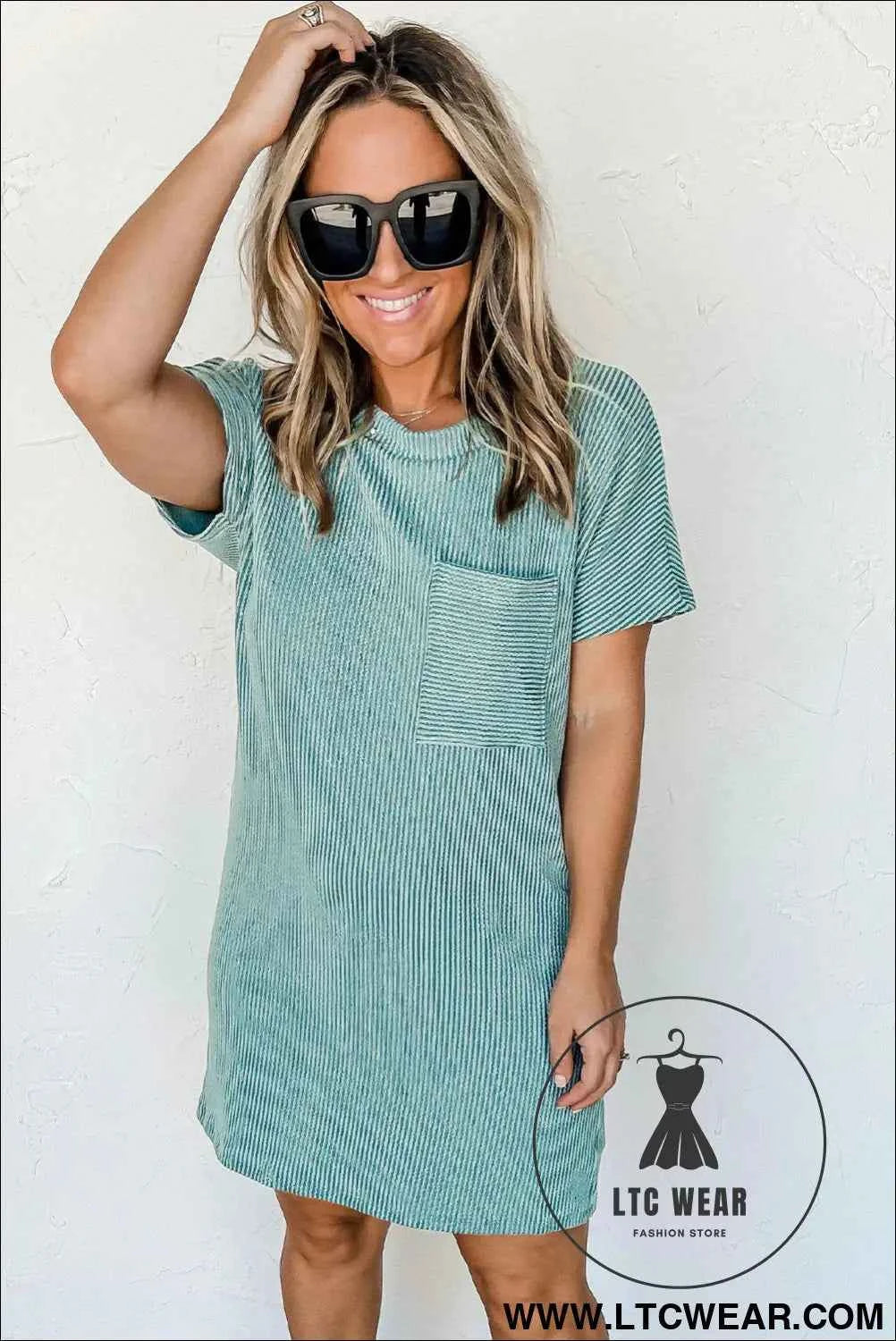 Blue Striped Ribbed Knit T-shirt Shift Dress