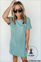 Blue Striped Ribbed Knit T-shirt Shift Dress