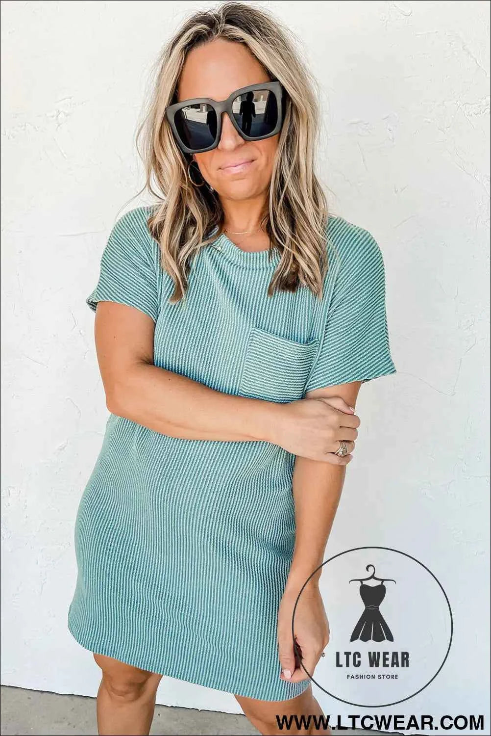 Blue Striped Ribbed Knit T-shirt Shift Dress