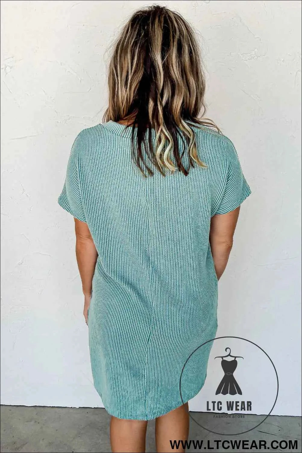 Blue Striped Ribbed Knit T-shirt Shift Dress