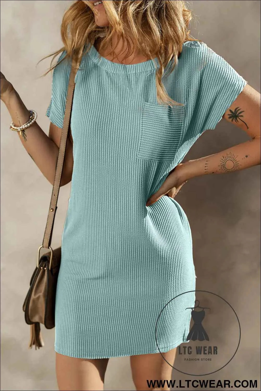 Blue Striped Ribbed Knit T-shirt Shift Dress