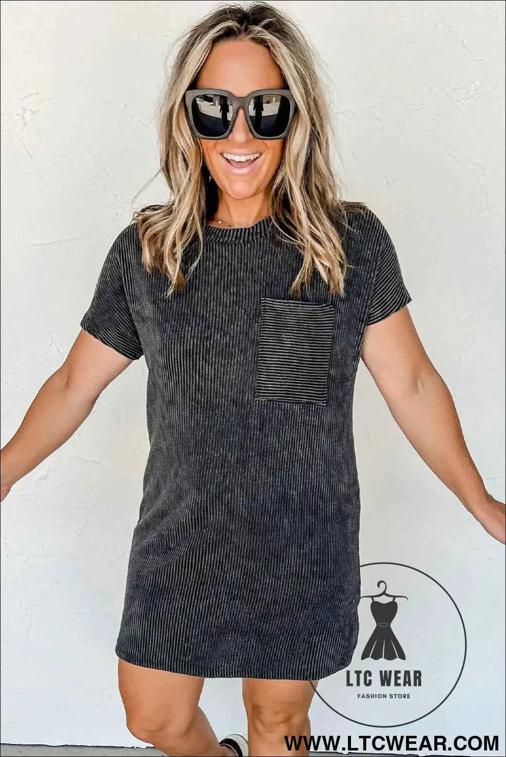 Blue Striped Ribbed Knit T-shirt Shift Dress