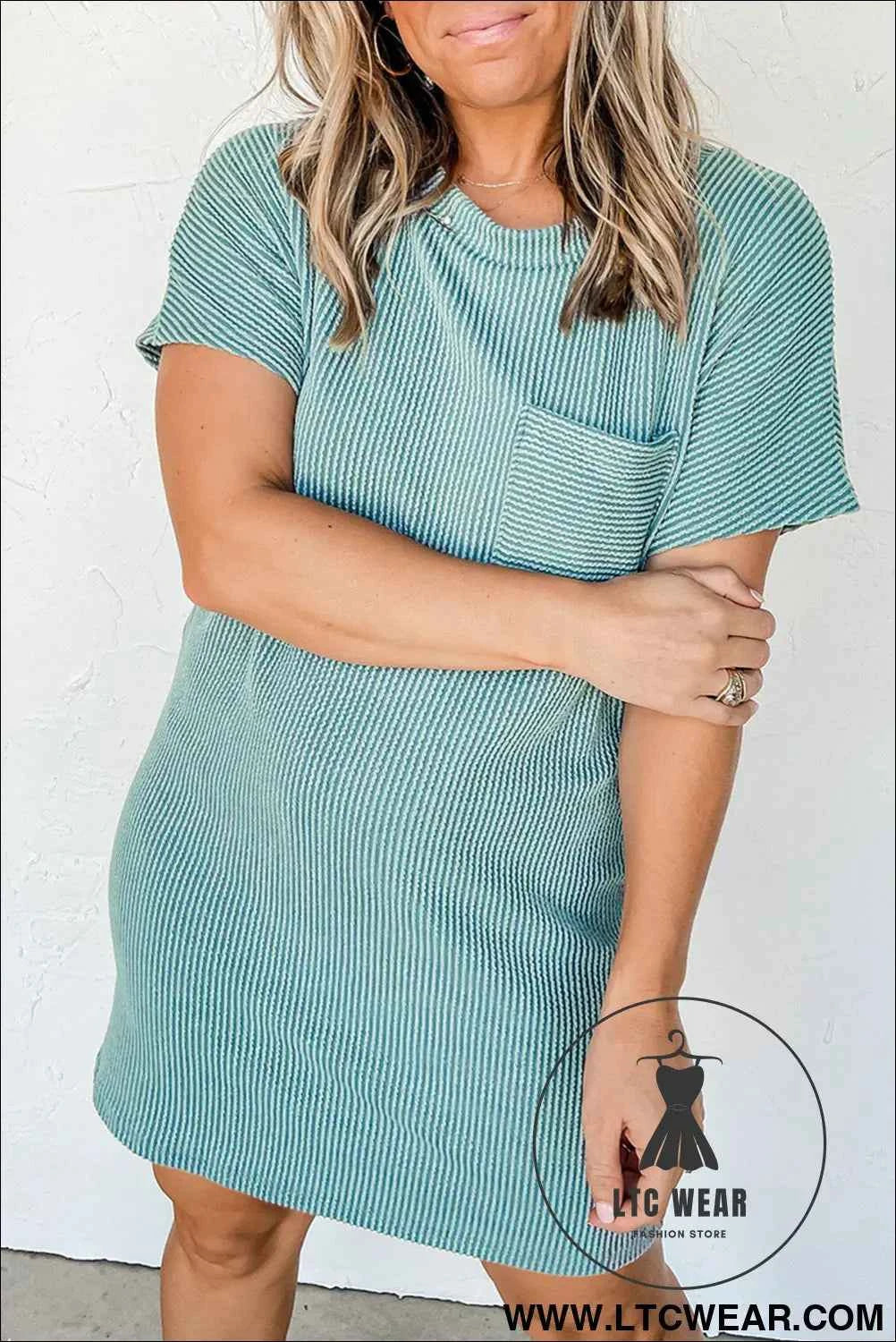 Blue Striped Ribbed Knit T-shirt Shift Dress