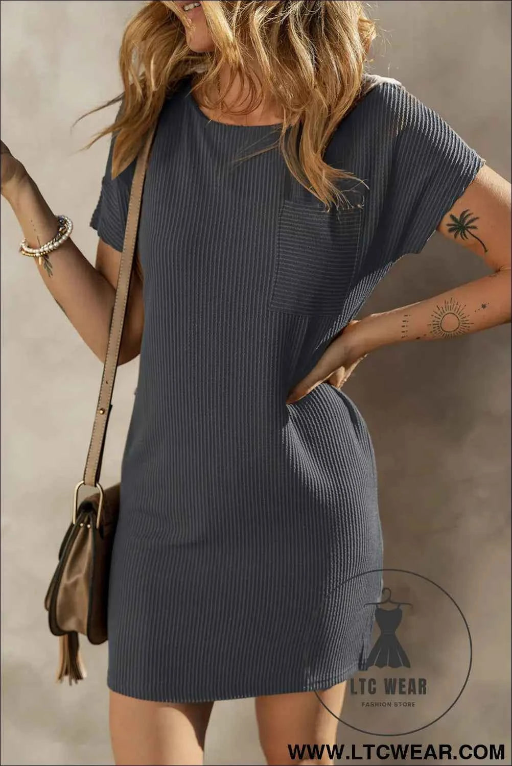 Blue Striped Ribbed Knit T-shirt Shift Dress