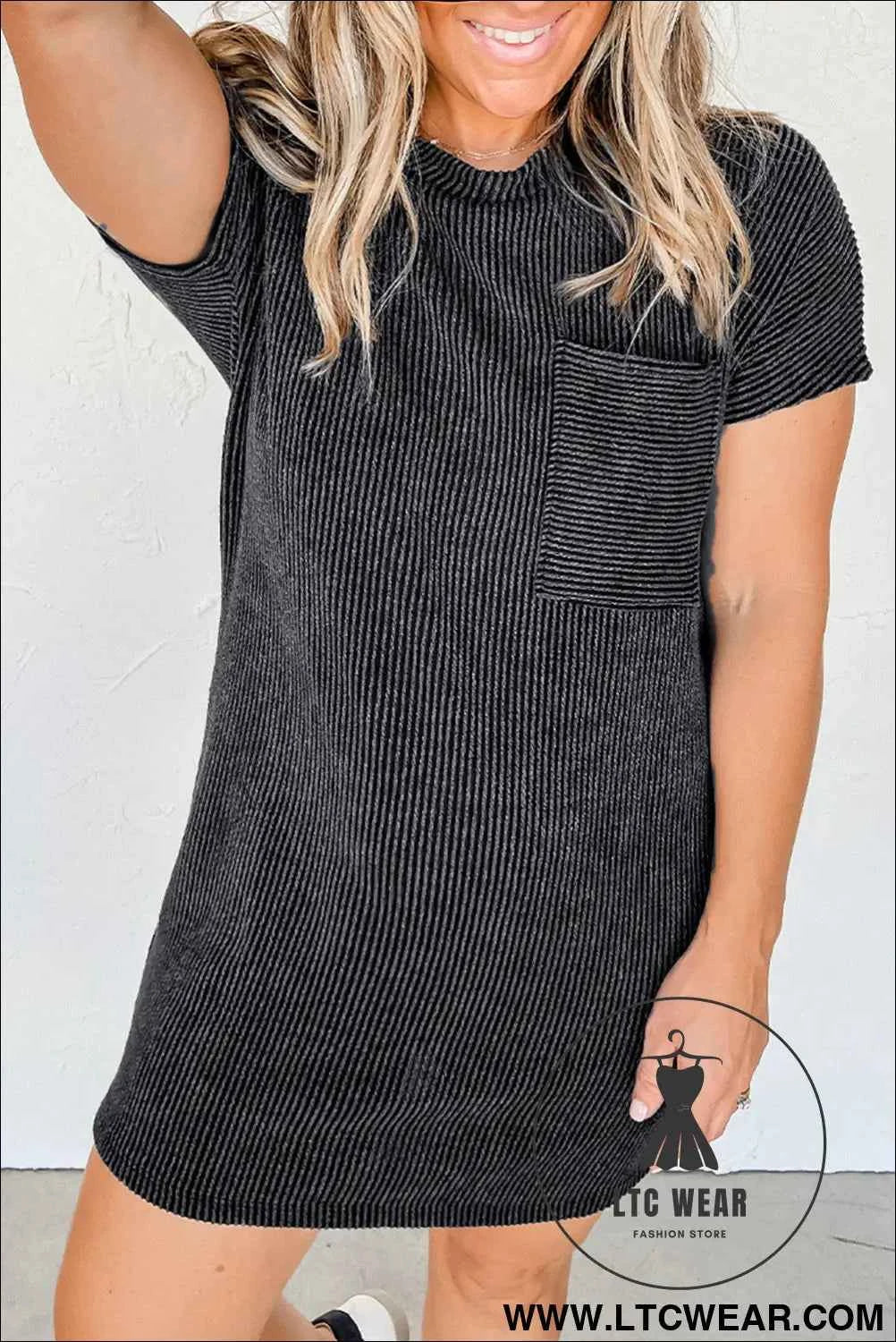 Blue Striped Ribbed Knit T-shirt Shift Dress