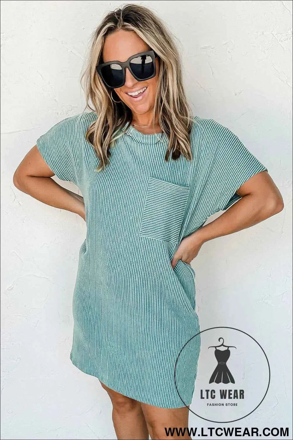 Blue Striped Ribbed Knit T-shirt Shift Dress