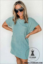 Blue Striped Ribbed Knit T-shirt Shift Dress