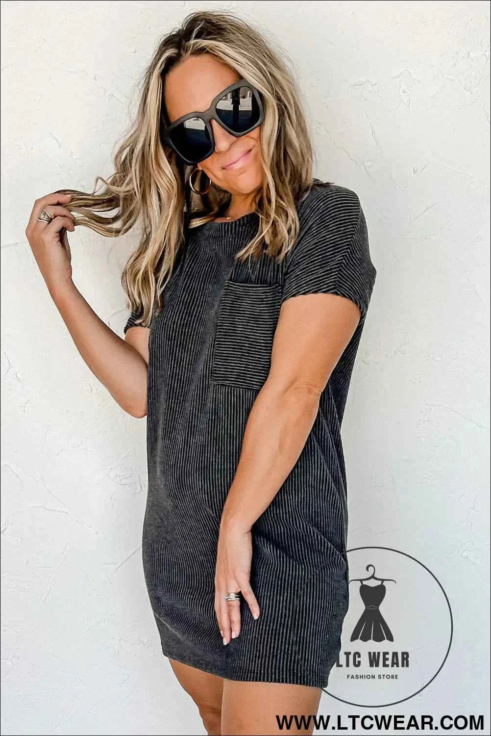Blue Striped Ribbed Knit T-shirt Shift Dress