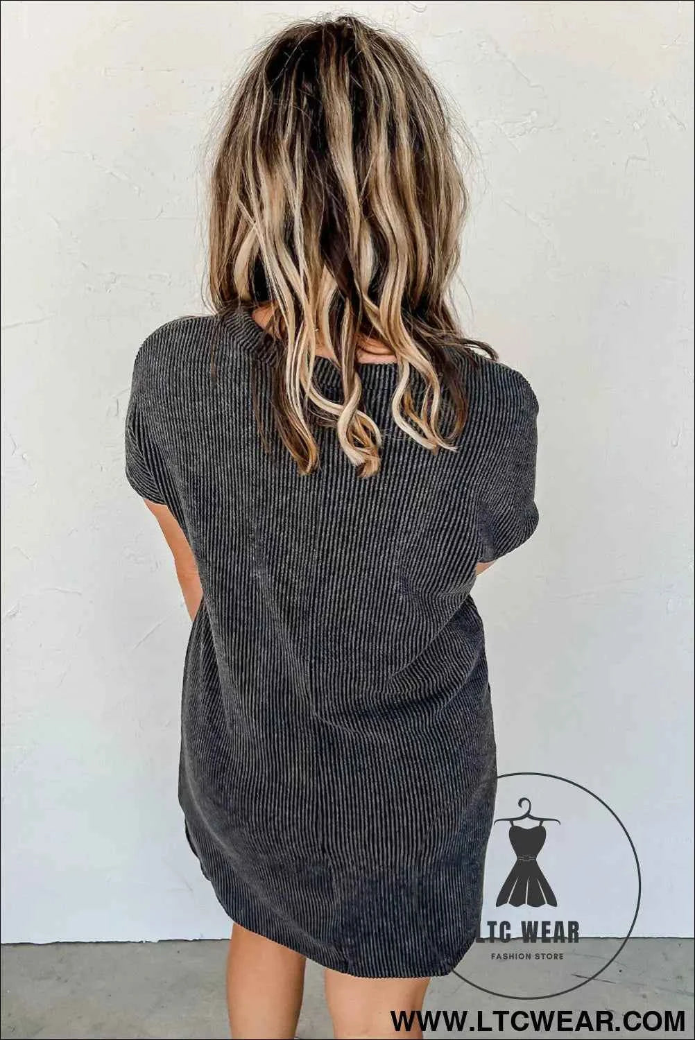 Blue Striped Ribbed Knit T-shirt Shift Dress