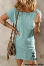 Blue Striped Ribbed Knit T-shirt Shift Dress