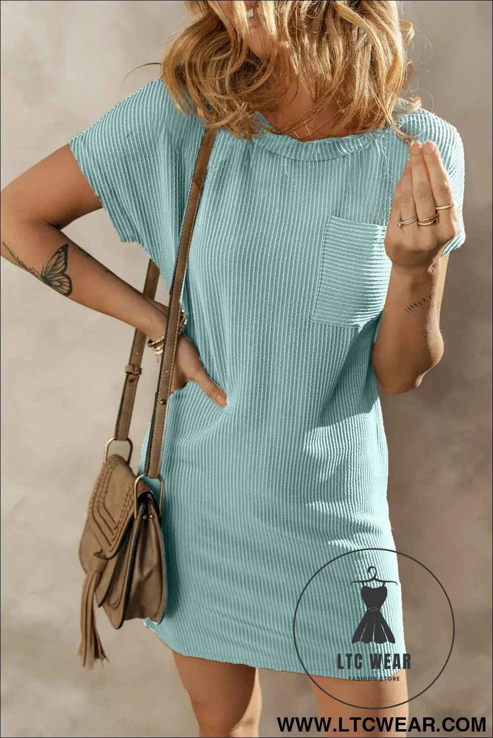 Blue Striped Ribbed Knit T-shirt Shift Dress