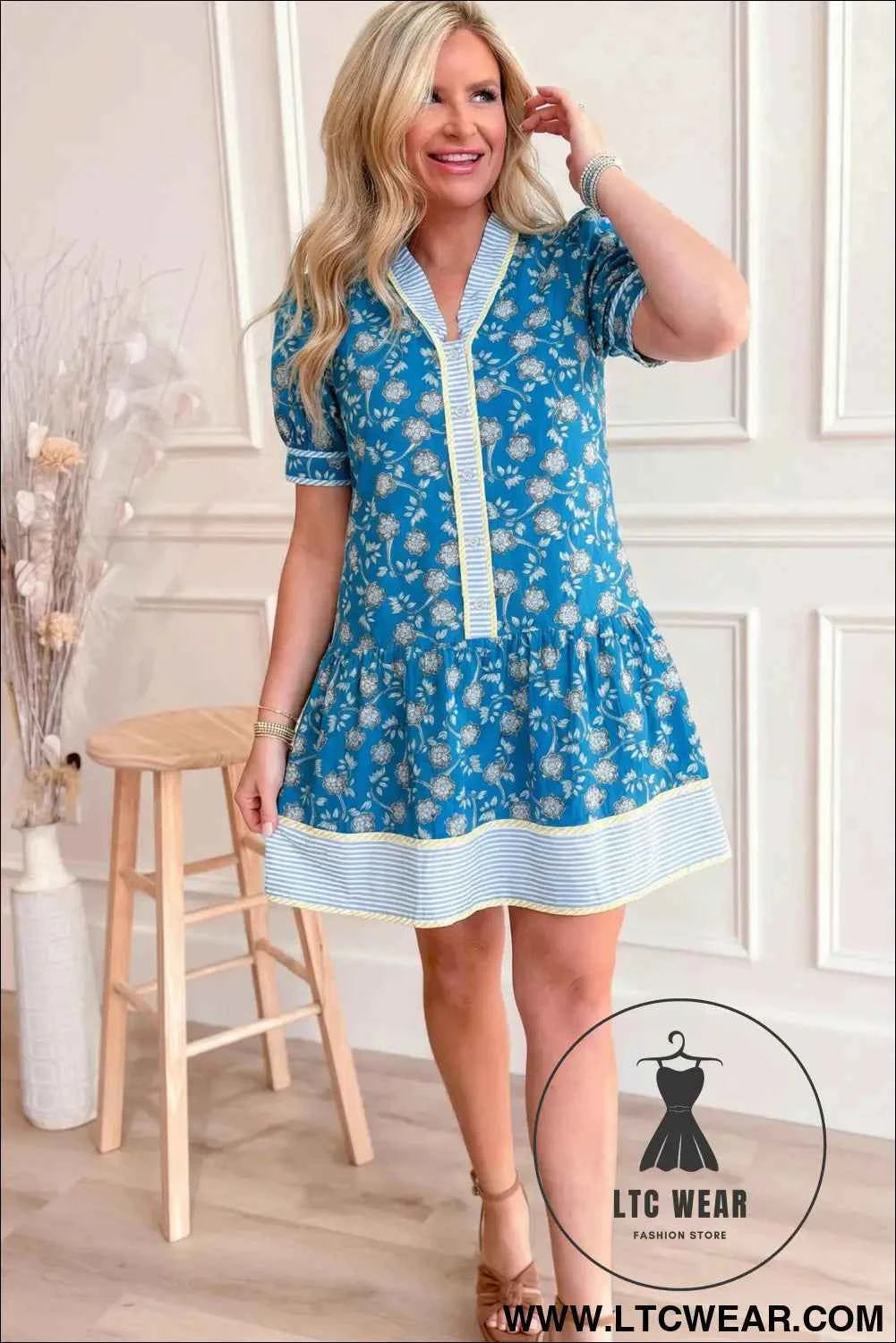 Blue Striped Trim Half Buttons Short Sleeve Floral Dress