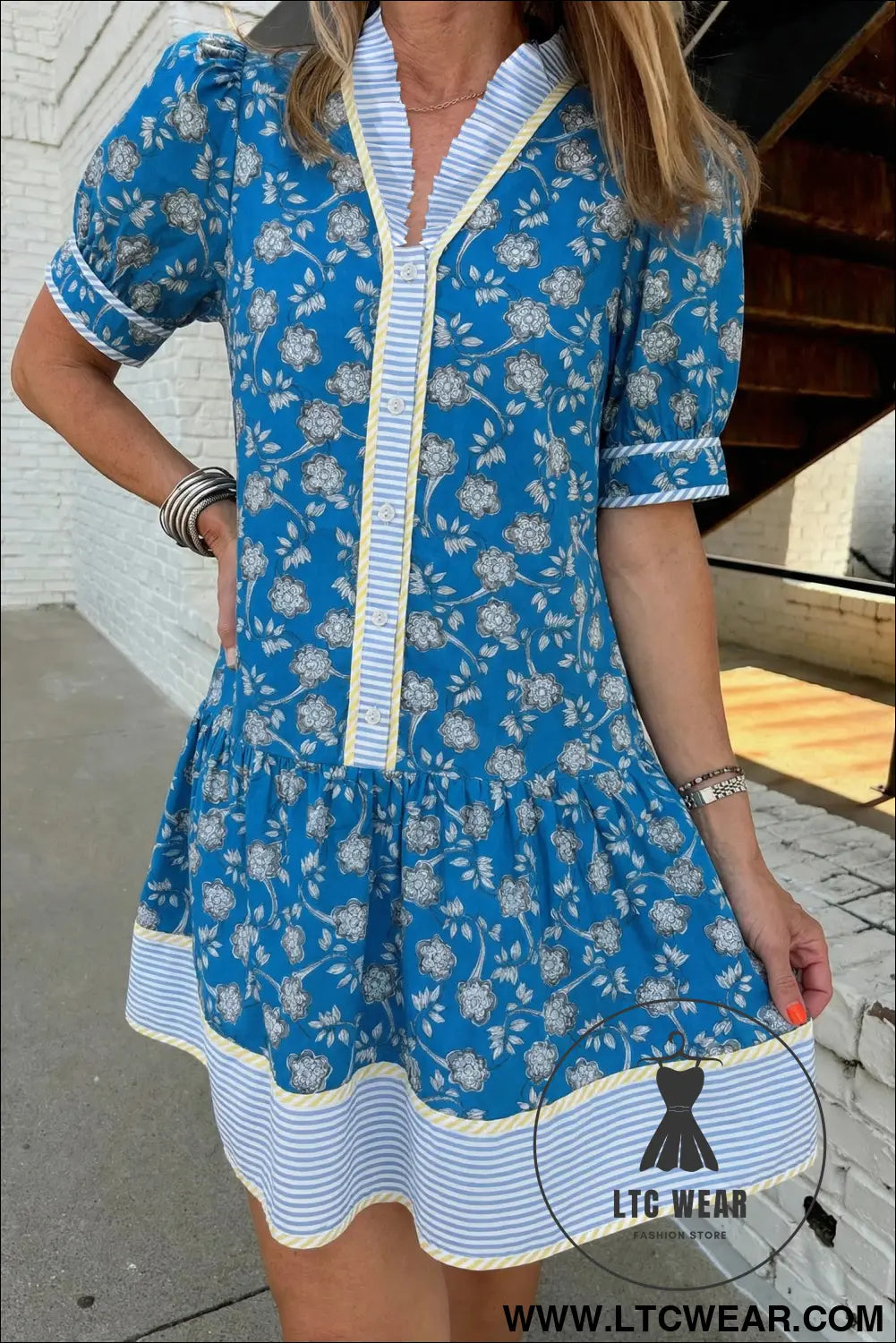 Blue striped trim half buttons short sleeve floral dress - floral dresses