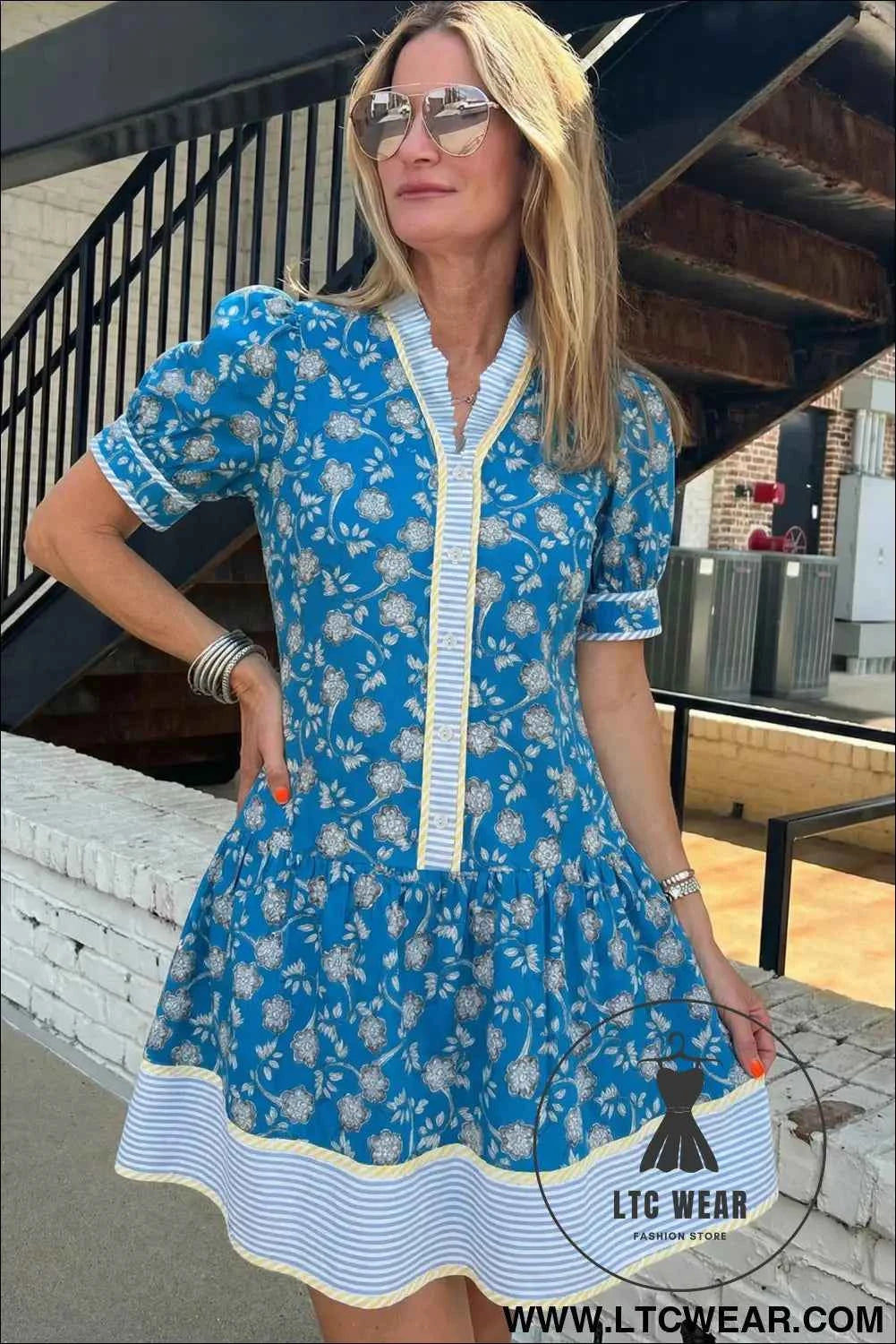 Blue Striped Trim Half Buttons Short Sleeve Floral Dress
