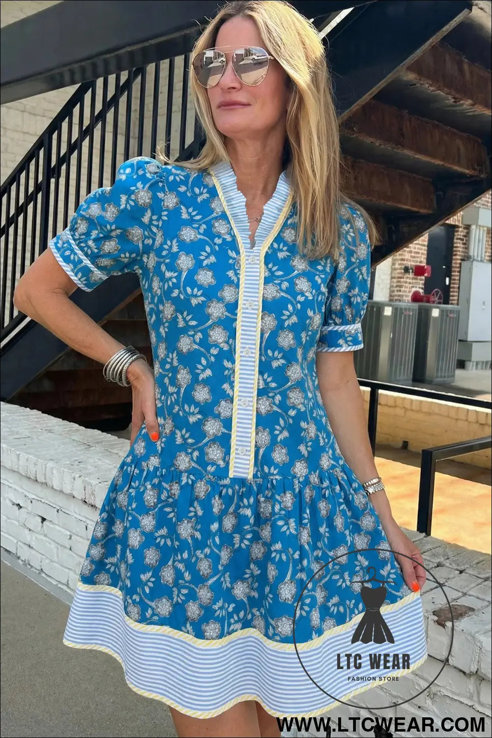 Blue striped trim half buttons short sleeve floral dress - floral dresses