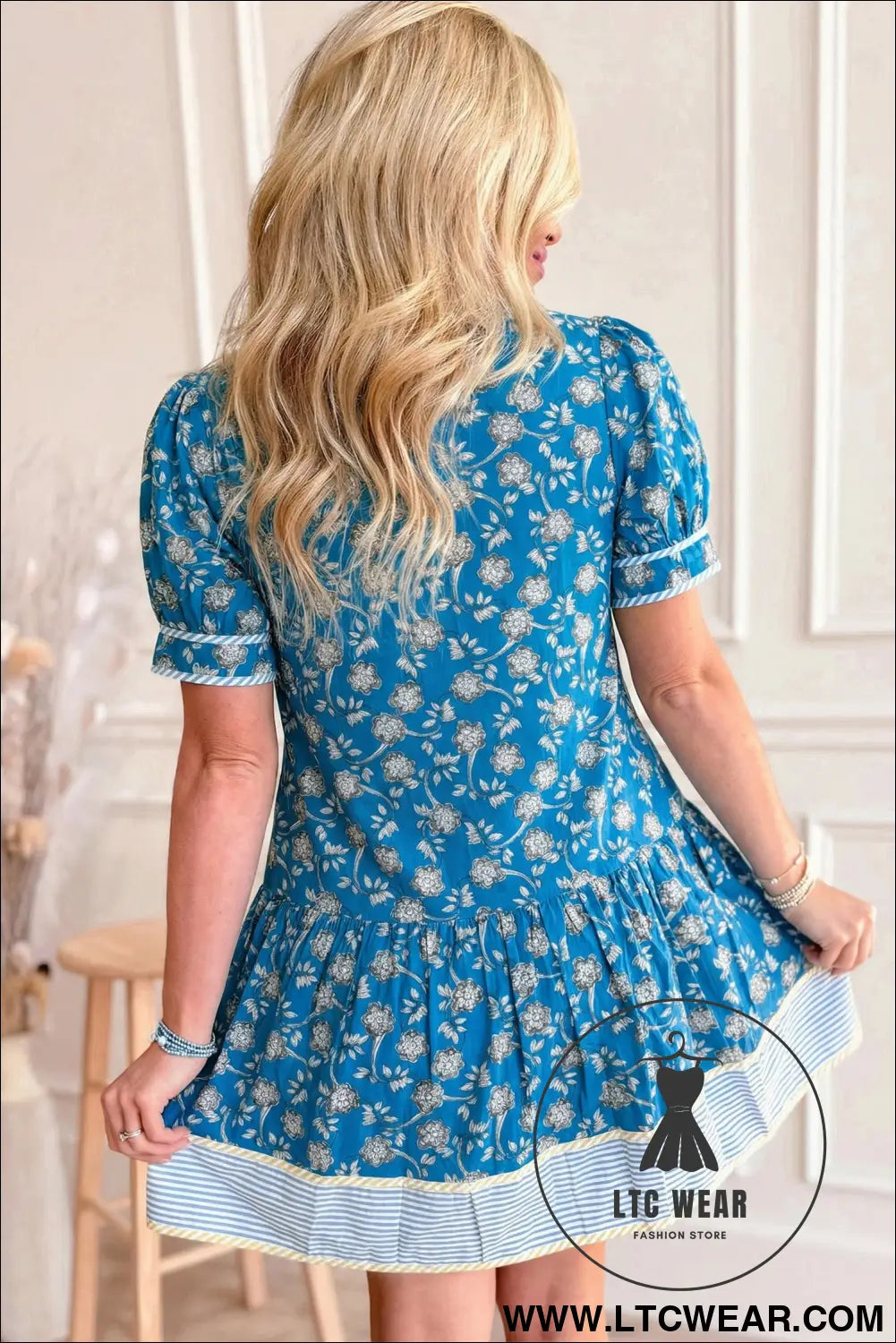 Blue striped trim half buttons short sleeve floral dress - floral dresses