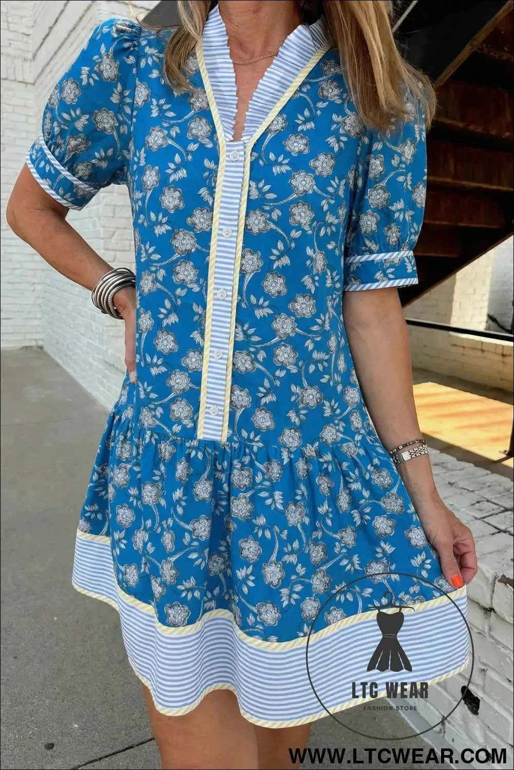 Blue Striped Trim Half Buttons Short Sleeve Floral Dress