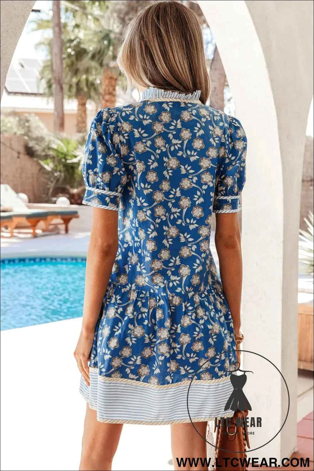 Blue Striped Trim Half Buttons Short Sleeve Floral Dress