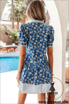 Blue Striped Trim Half Buttons Short Sleeve Floral Dress