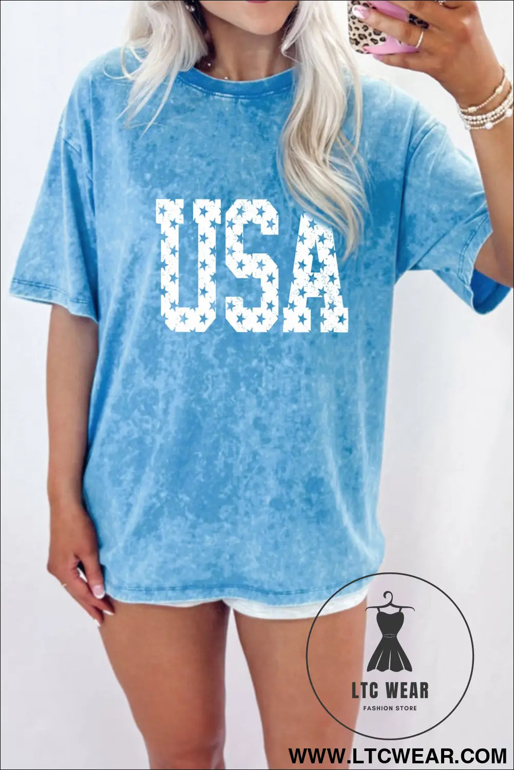 Blue usa star print mineral washed cotton tee - graphic tees