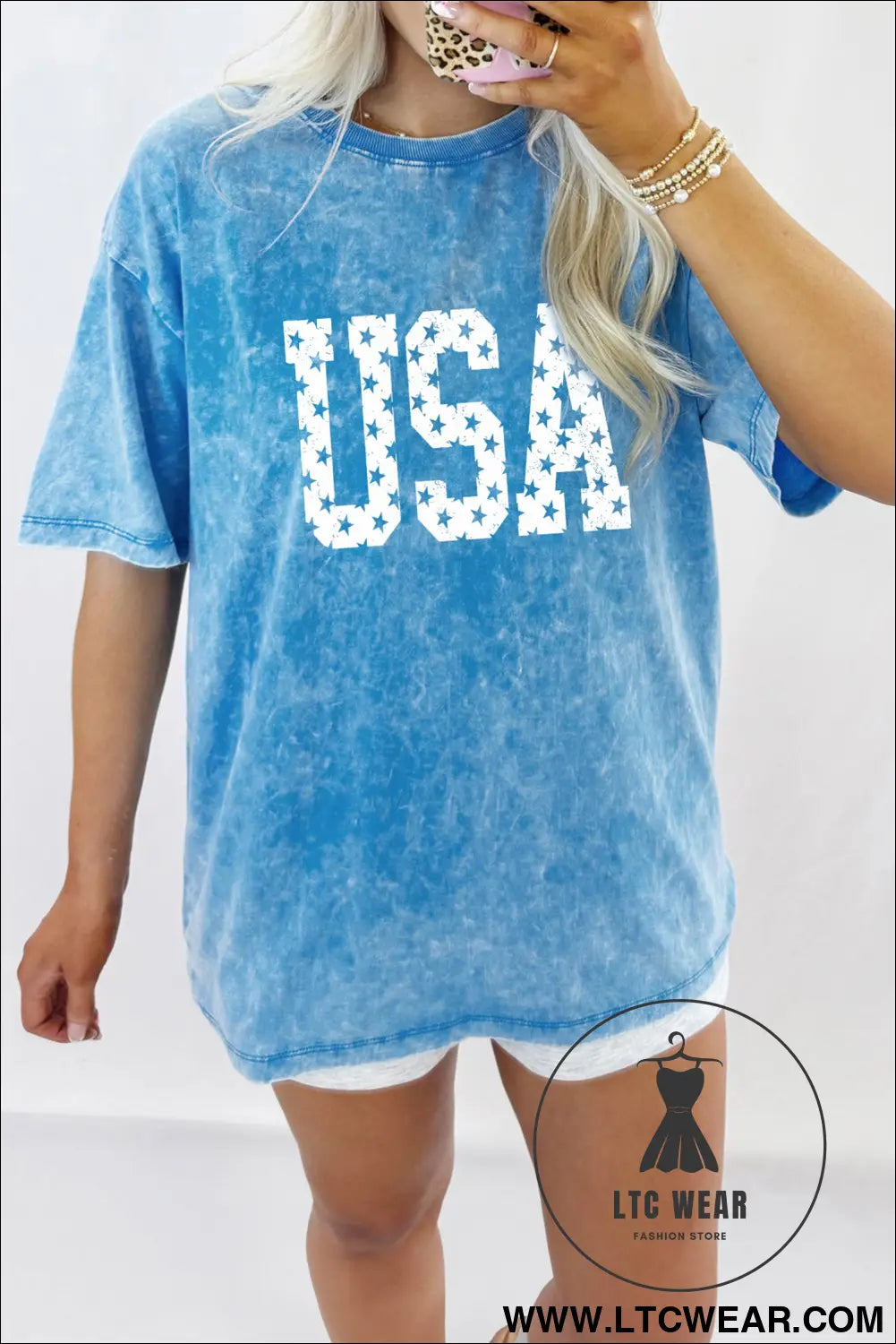 Blue usa star print mineral washed cotton tee - graphic tees