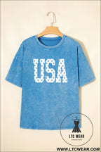 Blue usa star print mineral washed cotton tee - graphic tees