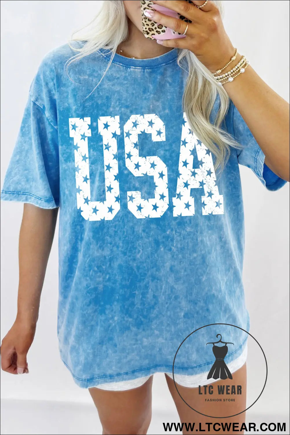 Blue usa star print mineral washed cotton tee - blue / l / 100% cotton - graphic tees