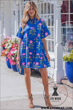 Blue V Neck Short Sleeve Loose Flower Dress