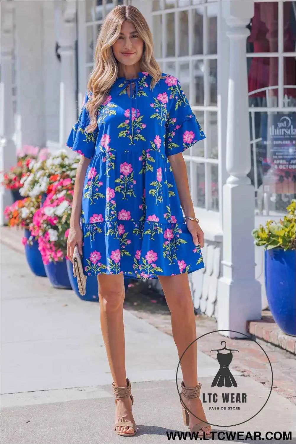 Blue V Neck Short Sleeve Loose Flower Dress