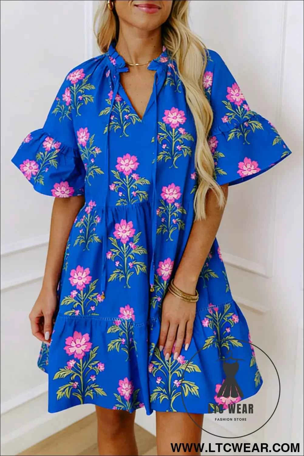 Blue V Neck Short Sleeve Loose Flower Dress