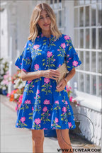 Blue V Neck Short Sleeve Loose Flower Dress