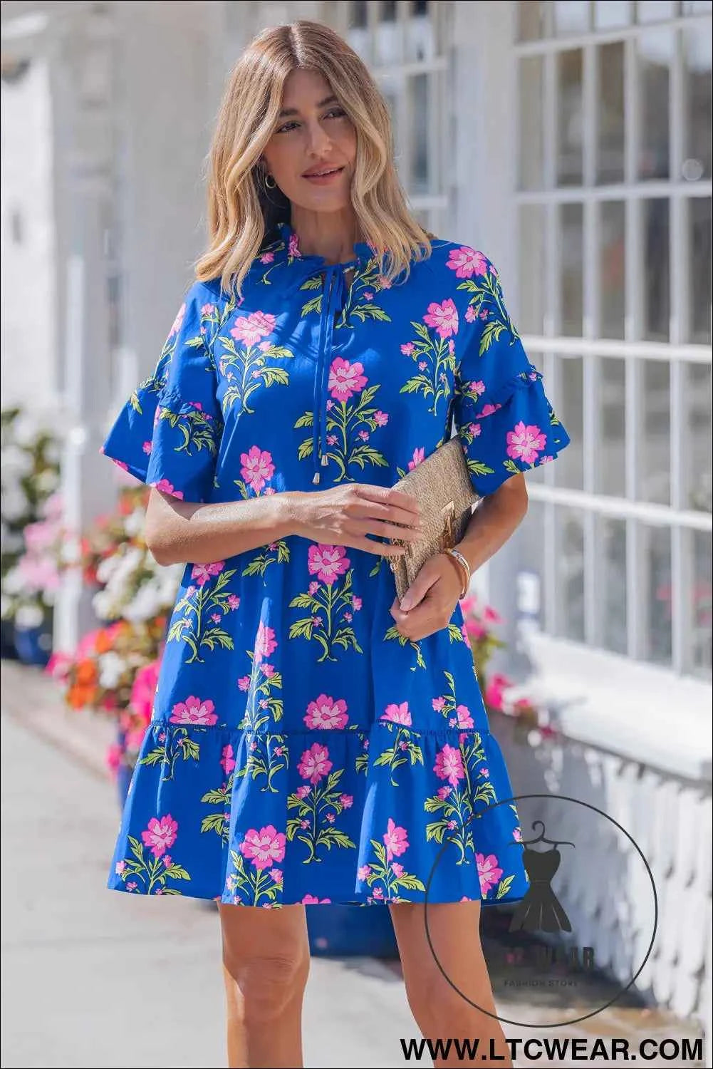 Blue V Neck Short Sleeve Loose Flower Dress