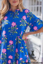 Blue V Neck Short Sleeve Loose Flower Dress