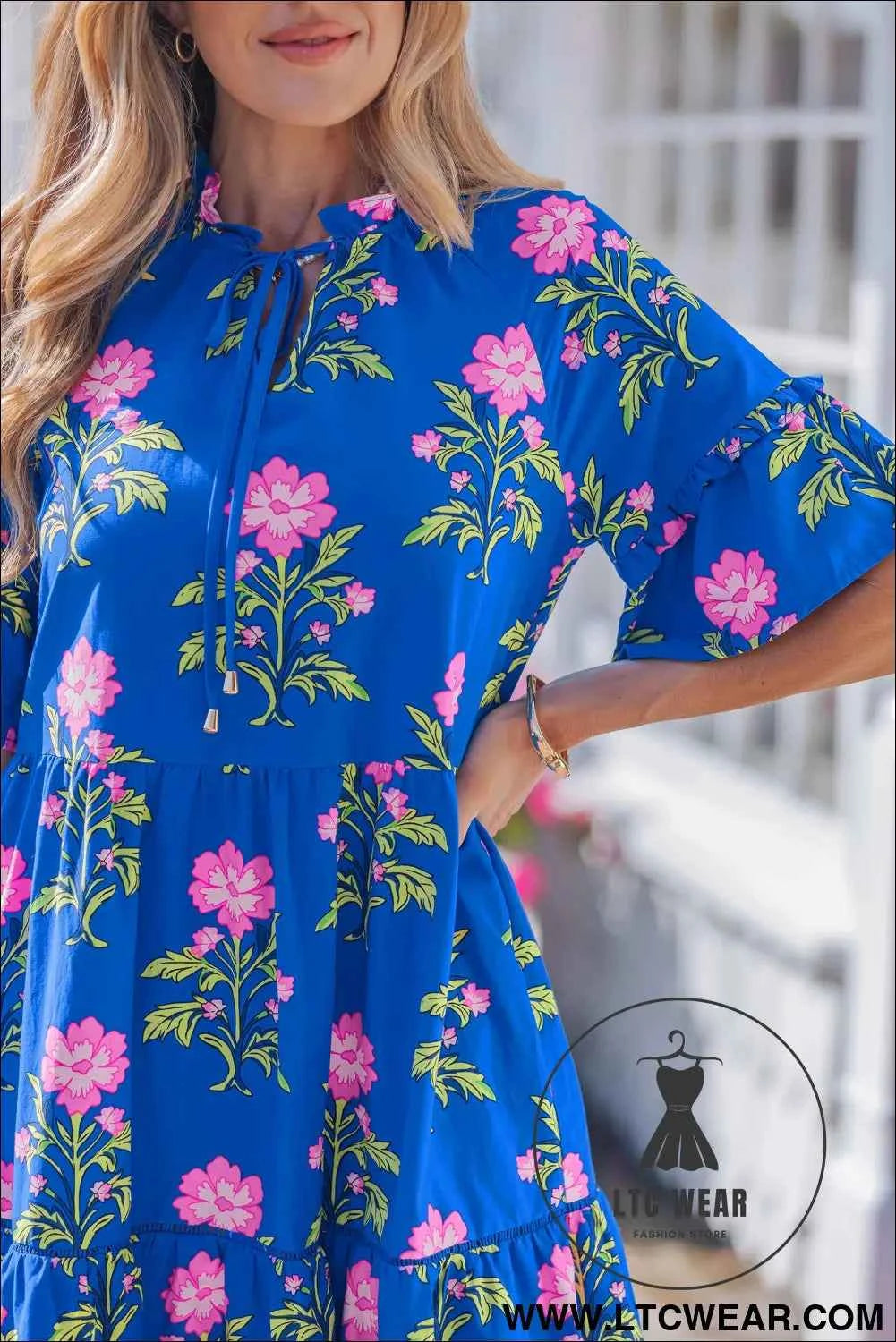 Blue V Neck Short Sleeve Loose Flower Dress