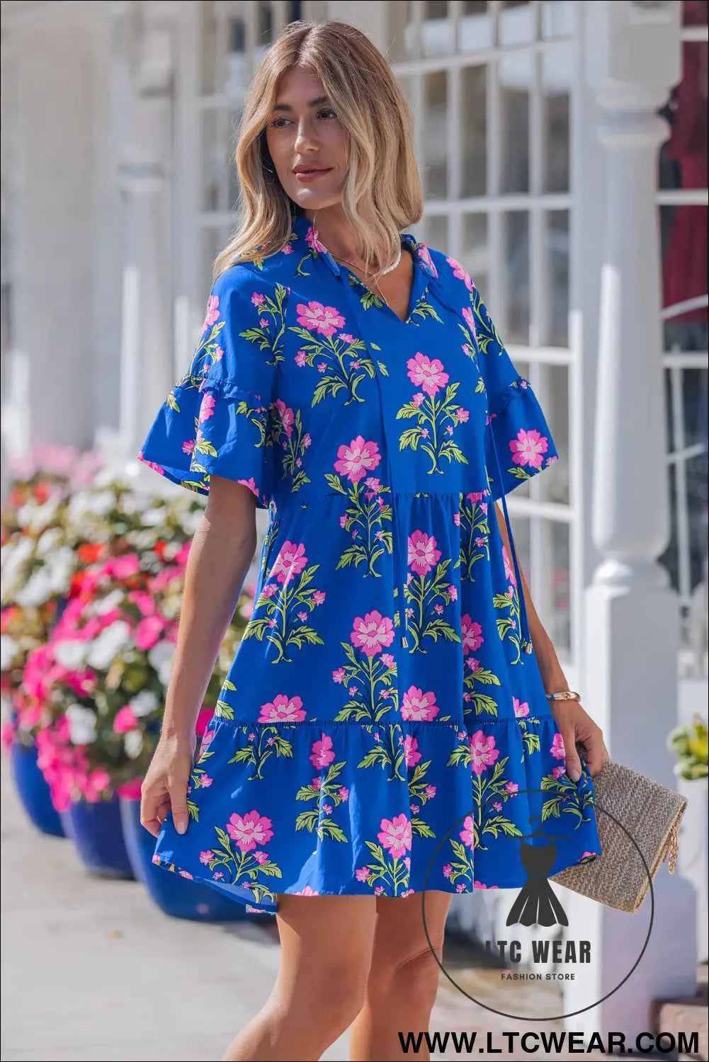 Blue V Neck Short Sleeve Loose Flower Dress
