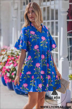 Blue V Neck Short Sleeve Loose Flower Dress