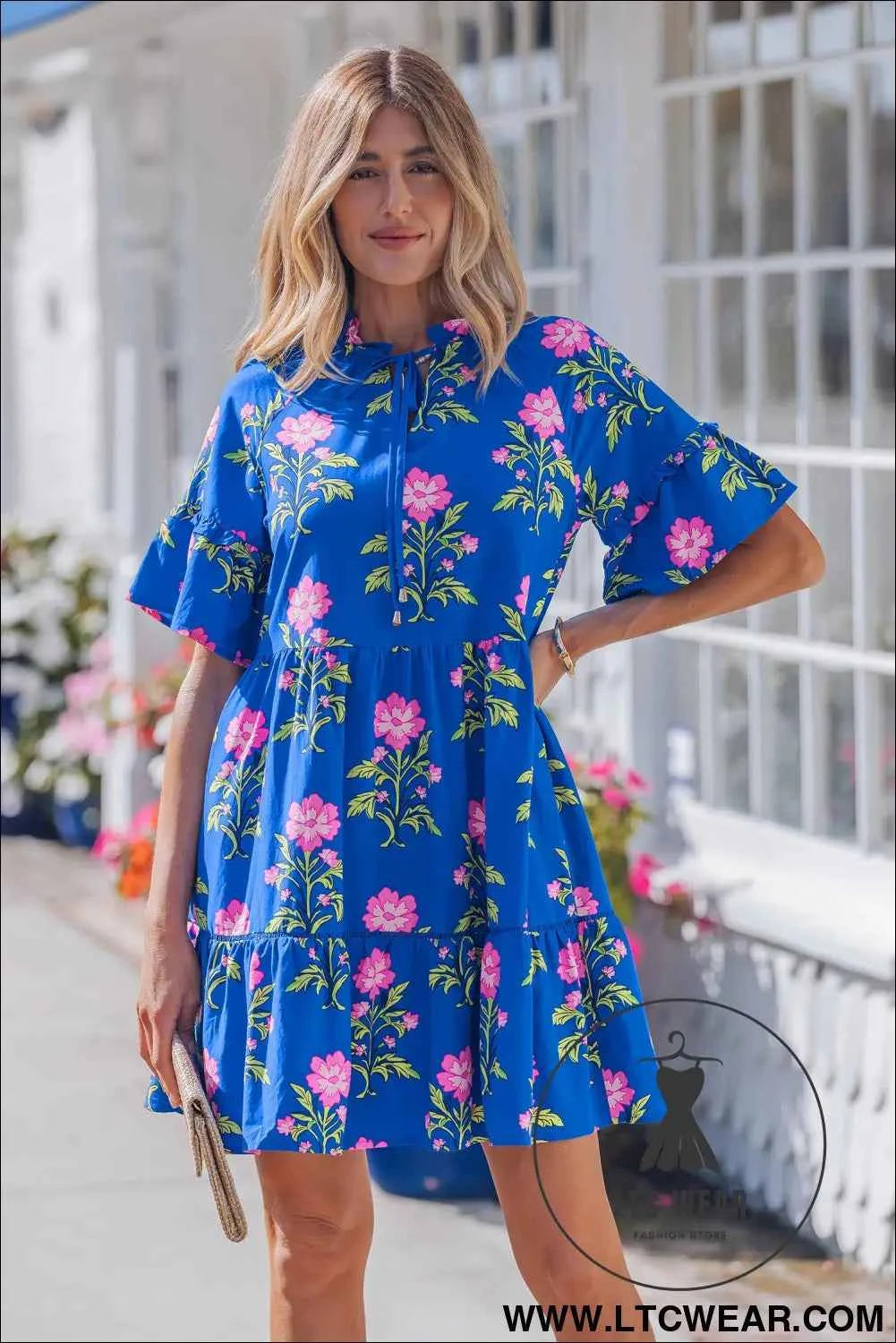 Blue V Neck Short Sleeve Loose Flower Dress