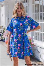 Blue V Neck Short Sleeve Loose Flower Dress