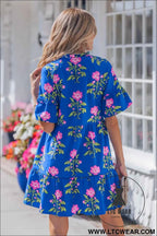 Blue V Neck Short Sleeve Loose Flower Dress