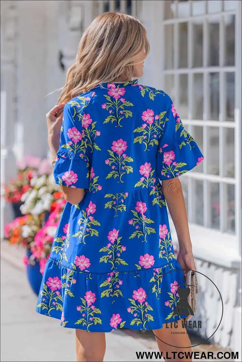 Blue V Neck Short Sleeve Loose Flower Dress