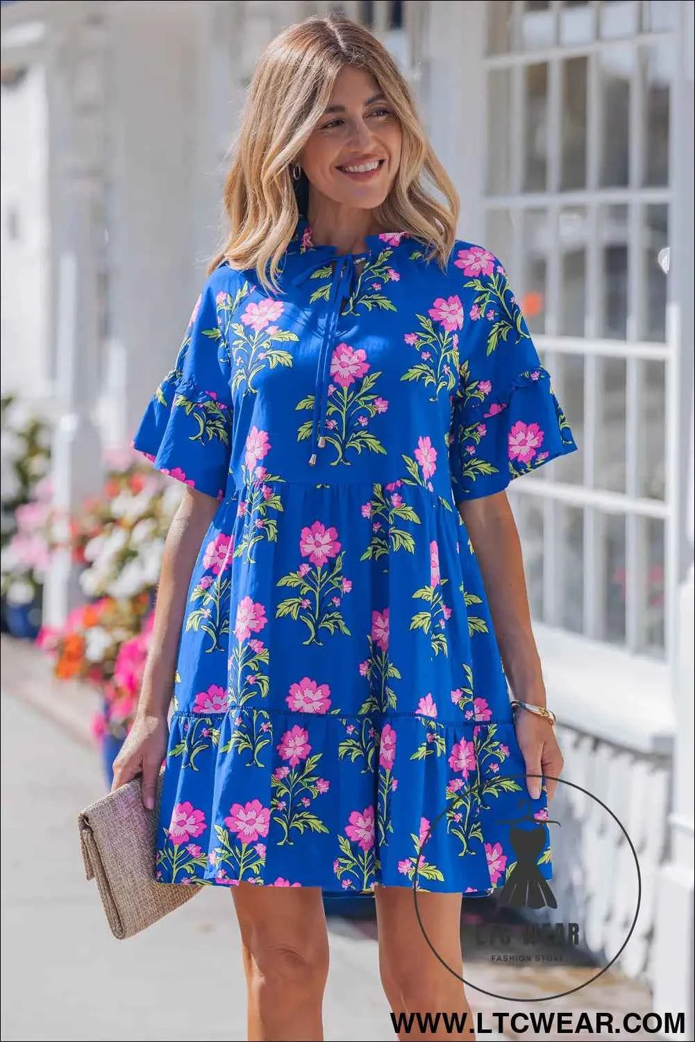 Blue V Neck Short Sleeve Loose Flower Dress