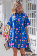 Blue V Neck Short Sleeve Loose Flower Dress