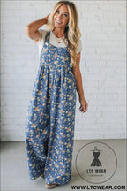 Blue vintage rose printed pleated loose denim overall jumpsuit - jumpsuits & rompers
