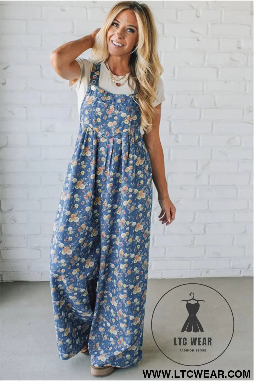Blue vintage rose printed pleated loose denim overall jumpsuit - jumpsuits & rompers