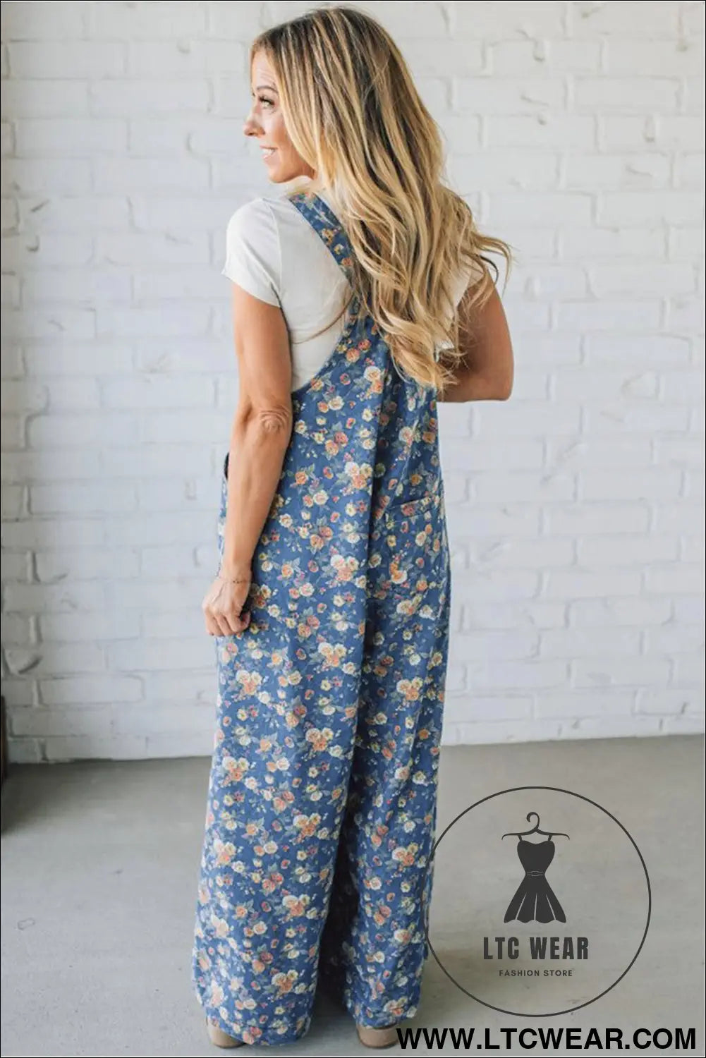 Blue vintage rose printed pleated loose denim overall jumpsuit - jumpsuits & rompers