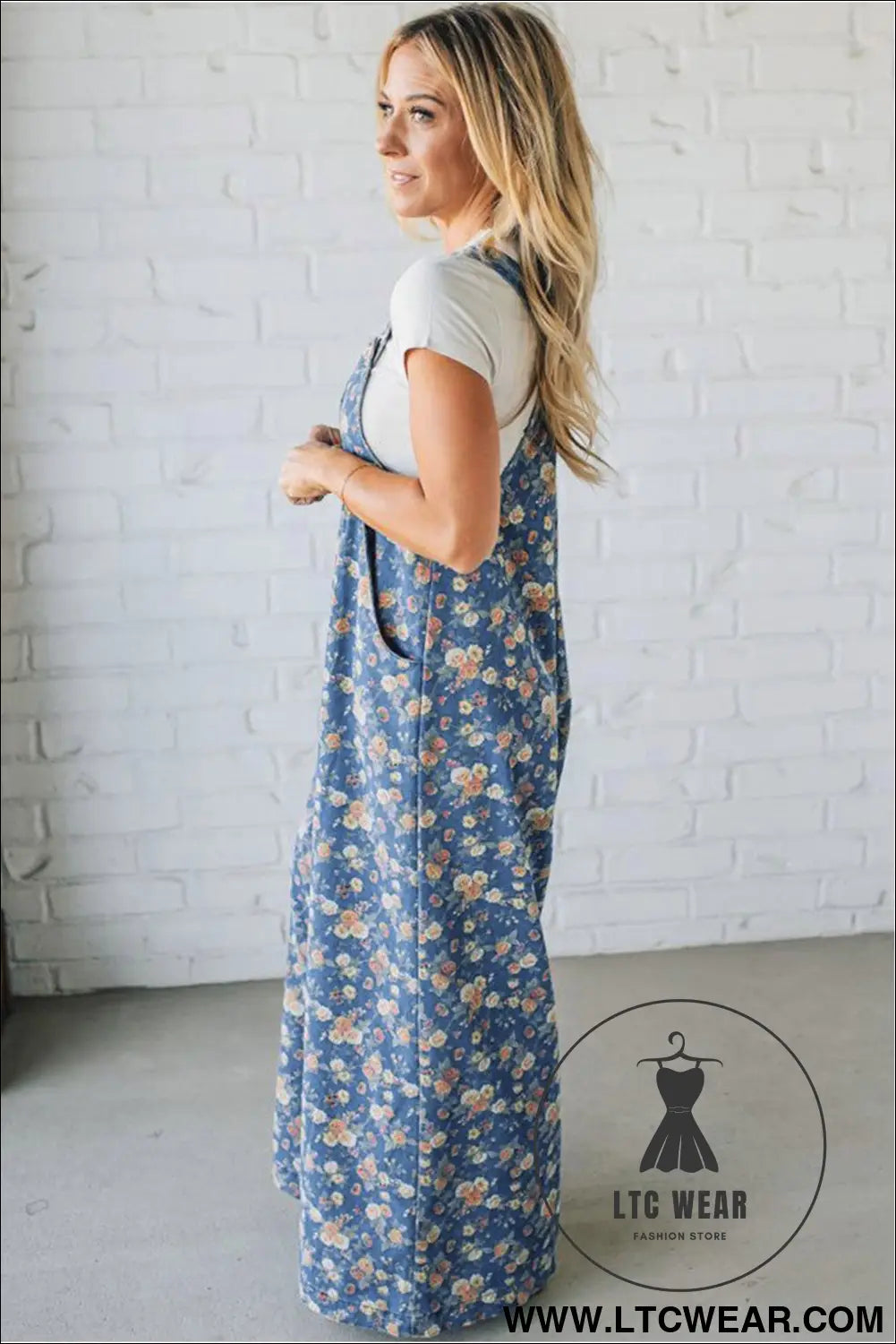 Blue vintage rose printed pleated loose denim overall jumpsuit - jumpsuits & rompers