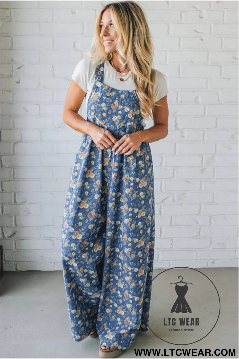 Blue vintage rose printed pleated loose denim overall jumpsuit - jumpsuits & rompers