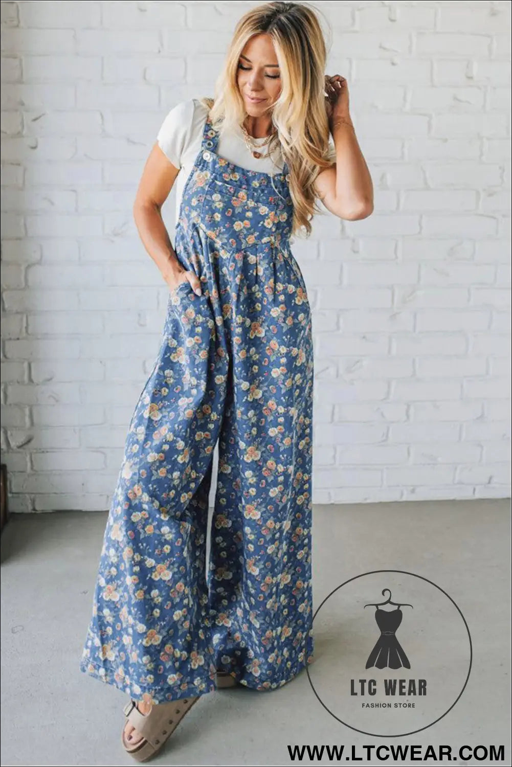 Blue vintage rose printed pleated loose denim overall jumpsuit - jumpsuits & rompers